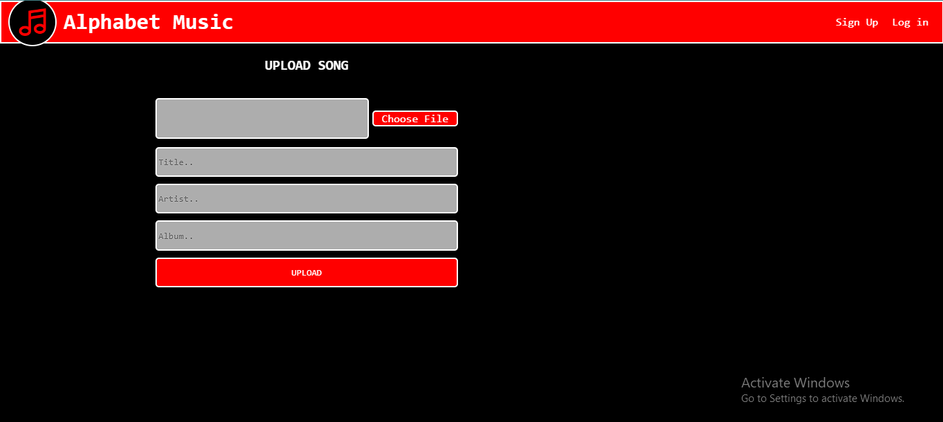 Alphabet Music web upload form with a file chooser and title, artist and album fields