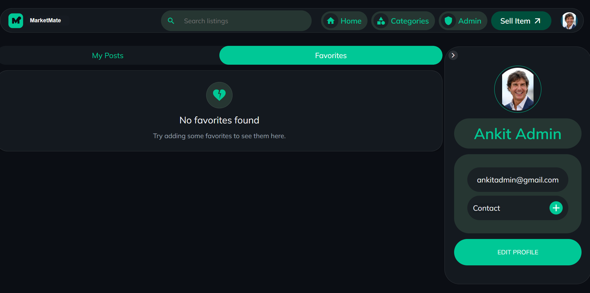 MarketMate profile page showing the My Posts and Favorites tabs beside a user profile card