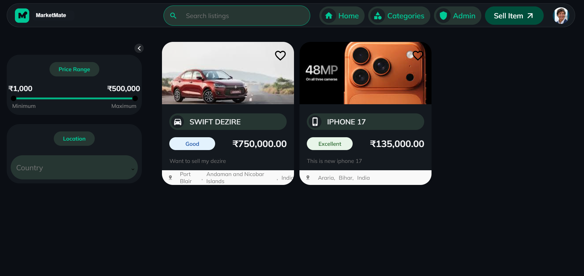 MarketMate listings feed with price range and location filters beside listing cards