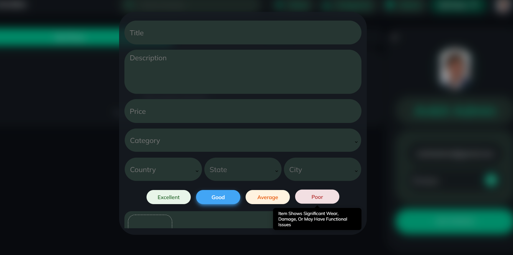 MarketMate sell-item form with title, description, price, category and location fields and item condition options